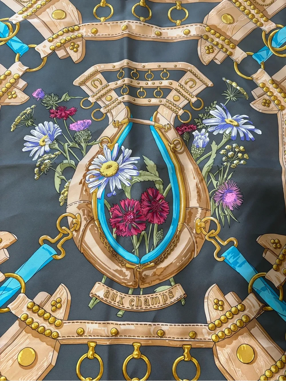Hermès “Aux Champs” Silk Scarf – Equestrian Floral Design
